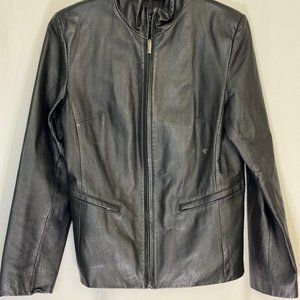 NY & Co. Women's Black Genuine Leather Jacket with Stand Up Collar